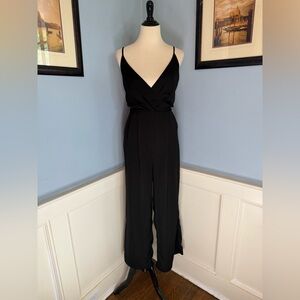 Elegant Black Faux Wrap Wide Leg Jumpsuit with Spaghetti Straps and Wide Leg XL